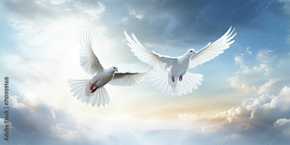 Flying white doves, sky, peace Flying white doves, sky, peace