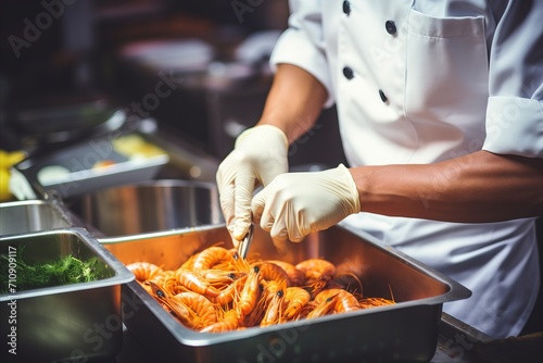 Chef cooking tiger prawn on modern kitchen with blurred background, ideal for text placement