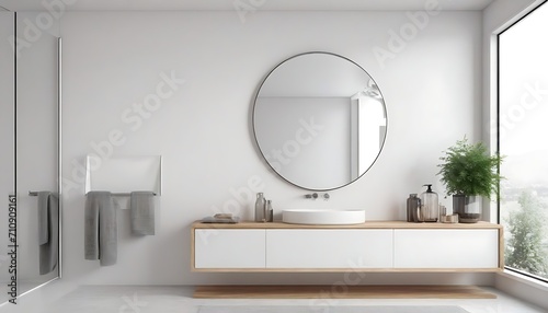 3d rendering of a modern minimal white bathroom with big round mirror