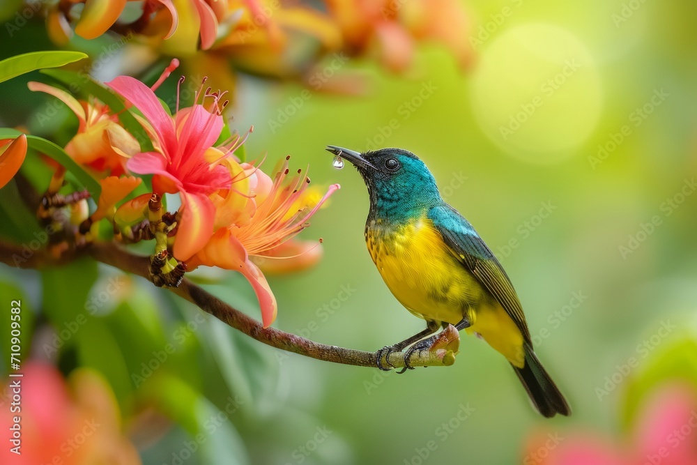 Bright sunbird sips sweet floral nectar, a radiant moment of avian elegance in the garden.