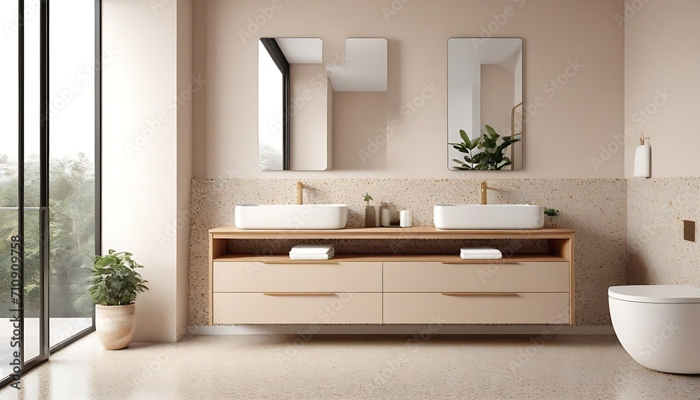 Fototapeta premium Beige bathroom interior with wooden vanity, bathtub, terrazzo floor. 3d rendering