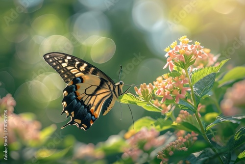 Butterfly gracefully flutters near fragrant nectar blooms, a delicate dance in the garden breeze.