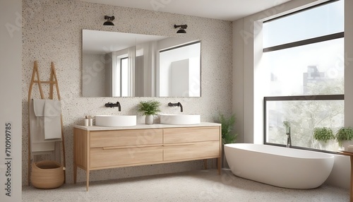Beige bathroom interior with wooden vanity, bathtub, terrazzo floor. 3d rendering