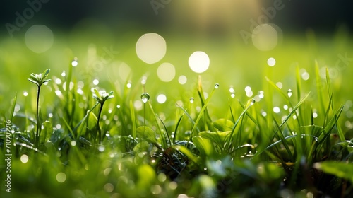 Captivating bokeh background of fresh green grass adorned with sparkling water droplets