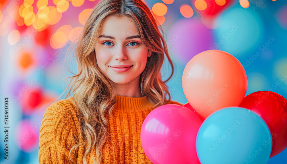 Obraz premium Happy girl in romantic environment, decoration with balloons, February, people concept, generative ai