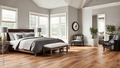 Farmhouse interior design of modern bedroom with hardwood floor.