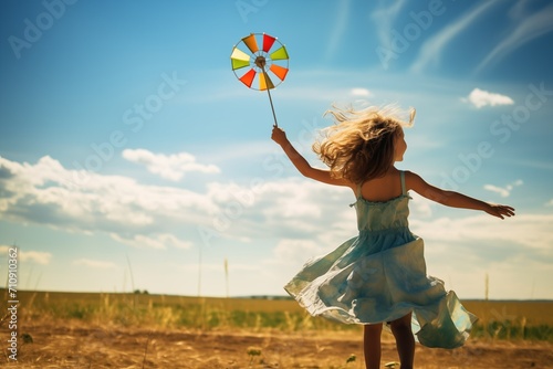 A girl in a dress runs through a field with a children's toy windmill, a weather vane rotates in the wind photo