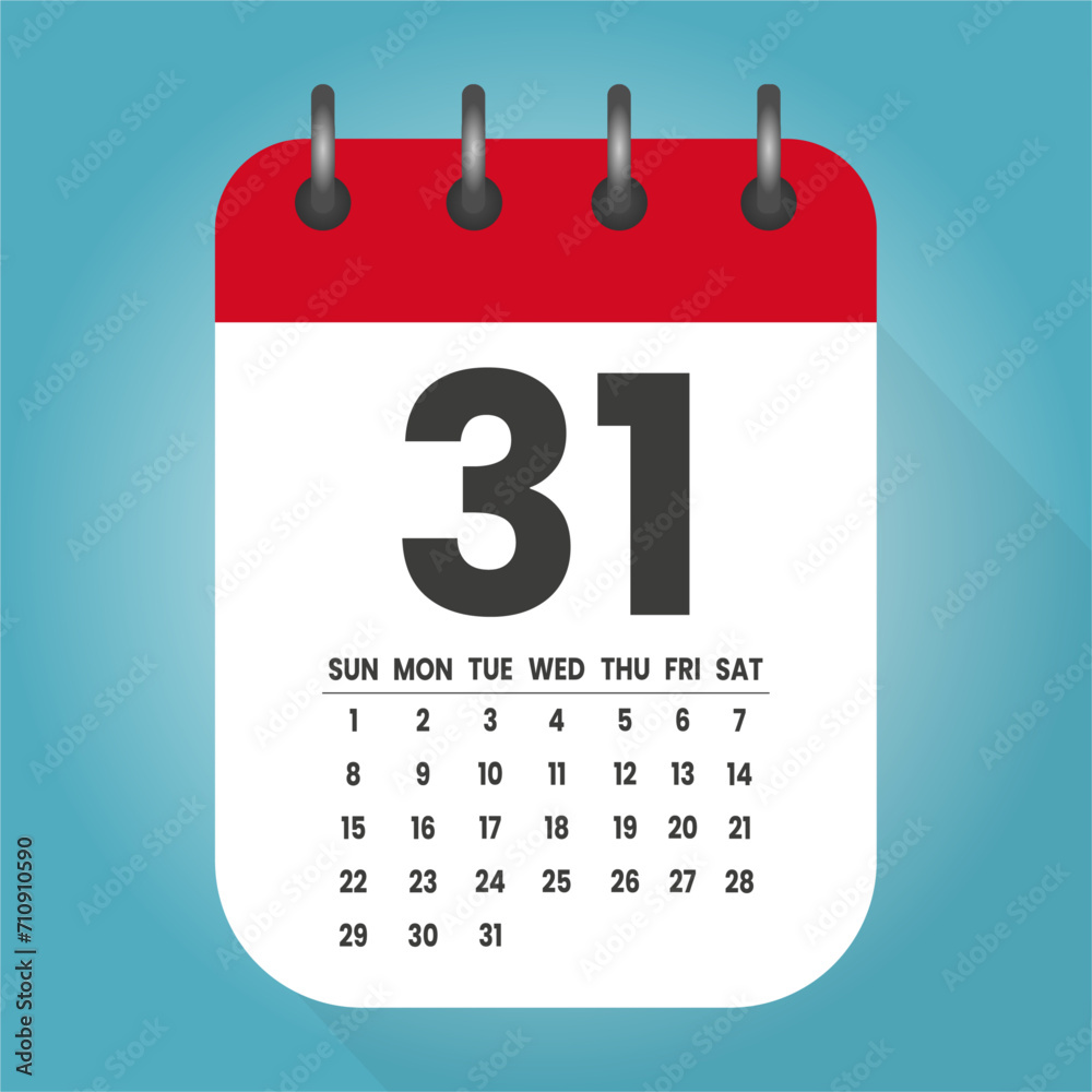 Number 31 - vector icon calendar days. 31th day of the month. Illustration flat style. Date of week, month, year Sunday, Monday, Tuesday, Wednesday, Thursday, Friday, Saturday. Holiday calendare date