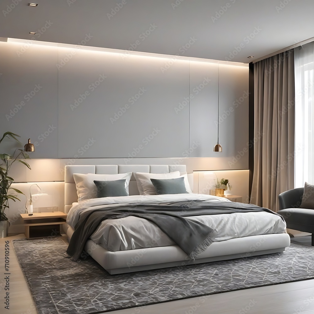 Large comfortable bed in stylish room. Modern interior design Large comfortable bed in stylish room. Modern interior design