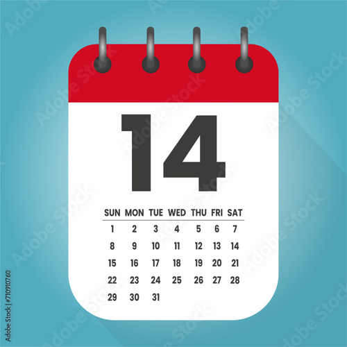 Number 14 - vector icon calendar days. 14th day of the month. Illustration flat style. Date of week, month, year Sunday, Monday, Tuesday, Wednesday, Thursday, Friday, Saturday. Holiday calendare date