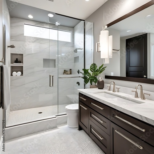 Luxury modern home bathroom interior with dark brown cabinets, white marble, walk in shower, free standing tub.