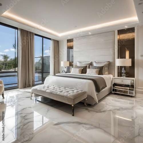 Luxury bedroom interior with marble flooring