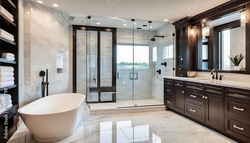 Luxury modern home bathroom interior with dark brown cabinets, white marble, walk in shower, free standing tub.
