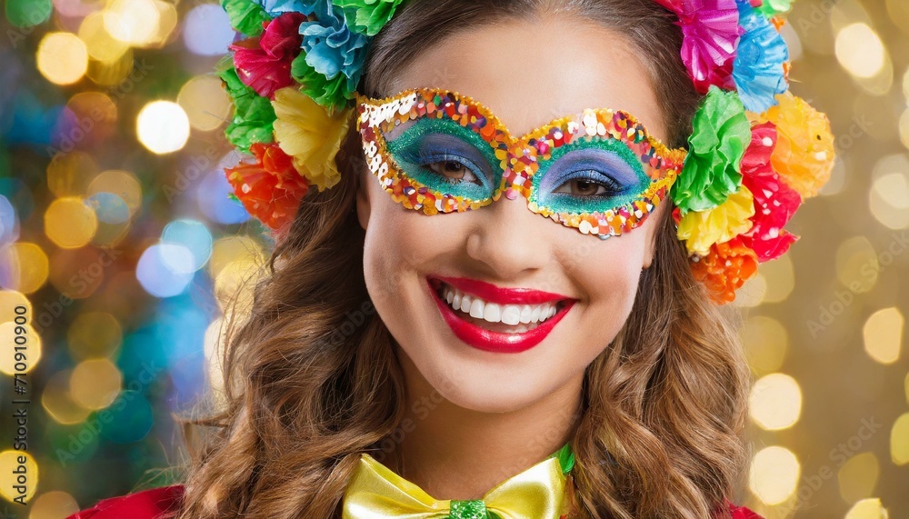 mulher sorridente usando máscara e maquiagem de carnaval, com penas coloridas e adornos, tema festivo mulher sorridente usando máscara e maquiagem de carnaval, com penas coloridas e adornos, tema festivo