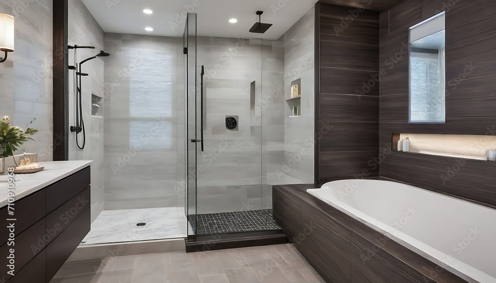 Luxury modern home bathroom interior with dark brown cabinets, white marble, walk in shower, free standing tub.