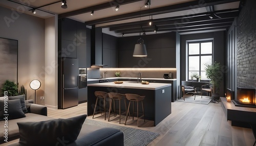 Luxury studio apartment with a free layout in a loft style in dark colors. Stylish modern kitchen area with an island  cozy bedroom area with fireplace and personal gym 