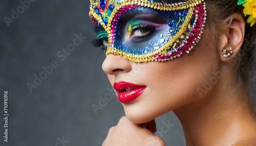 mulher sensual usando máscara e maquiagem de carnaval, com penas coloridas e adornos, tema festivo photo
