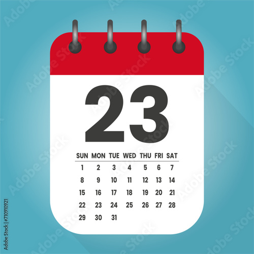 Number 23 - vector icon calendar days. 23th day of the month. Illustration flat style. Date of week, month, year Sunday, Monday, Tuesday, Wednesday, Thursday, Friday, Saturday. Holiday calendare date photo