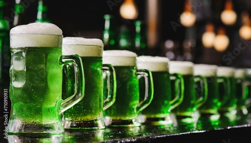 fileira de canecas de cerveja verde gelada no balcão photo