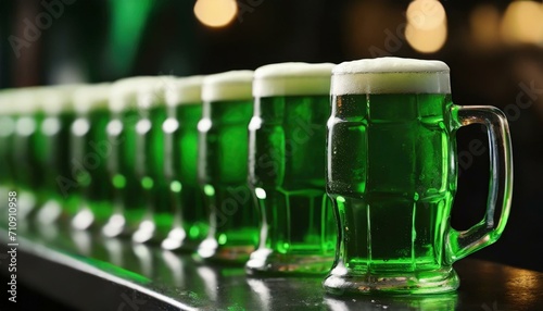 fileira de canecas de cerveja verde gelada no balcão do bar photo
