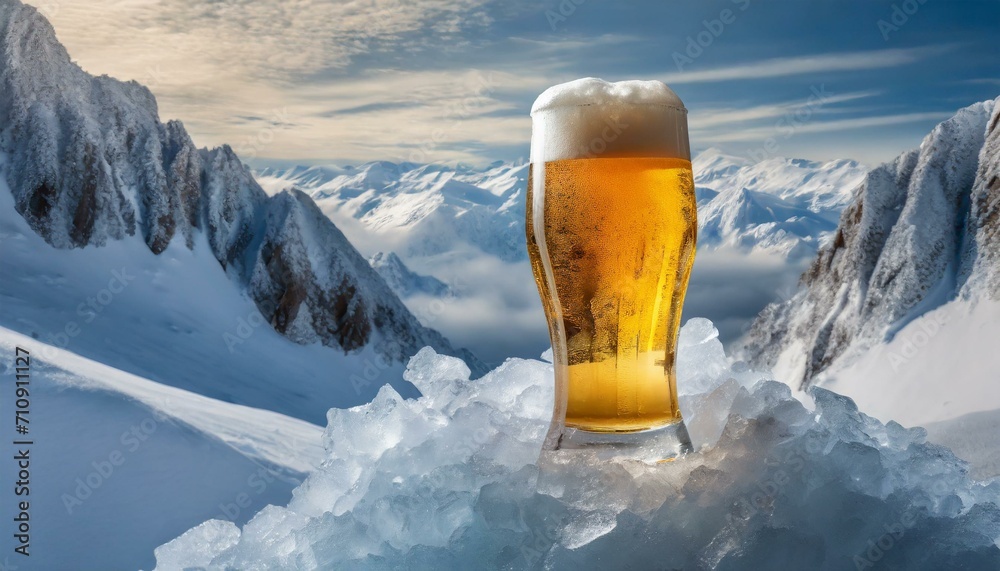 deliciosa e gelada caneca de cerveja sobre o gelo, montanhas geladas ao fundo com neve - obrazy, fototapety, plakaty 