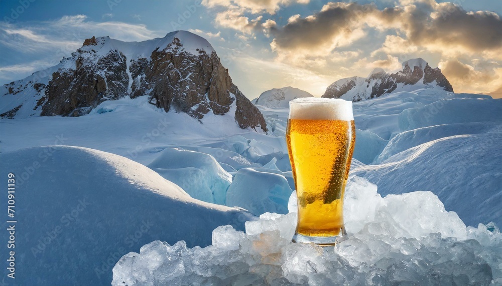 deliciosa e gelada caneca de cerveja sobre o gelo, montanhas geladas ao fundo com neve - obrazy, fototapety, plakaty 