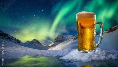 deliciosa e gelada caneca de cerveja sobre o gelo, montanhas geladas ao fundo com neve, aurora photo
