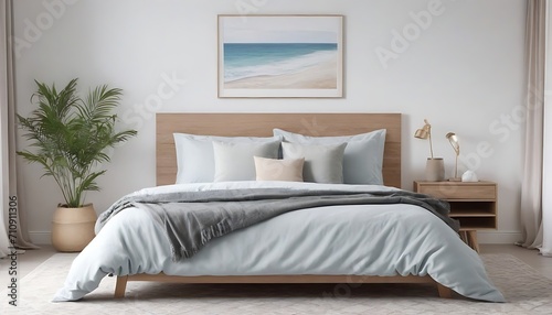 Minimal bedroom interior with Home decoration mock up. Cozy coastal stylish, furniture, comfortable bed, Modern design background © Antonio Giordano