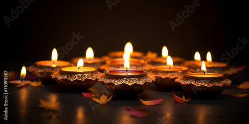 Happy Diwali or Deepavali traditional festival with clay Diya oil lamp. Hindu festival of light symbol with candle and light. Clay Diya lamp lit during Diwali celeb.Happy Diwali Celebration with Trad