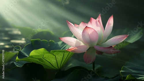 Beautiful Pink Lotus Flower With Green Leaves in Pond