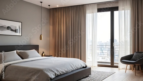 Modern bedroom, miminal interior design, window with simple curtains © Antonio Giordano