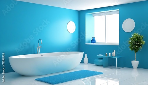 Modern blue bathroom interior with bath and decorative objects