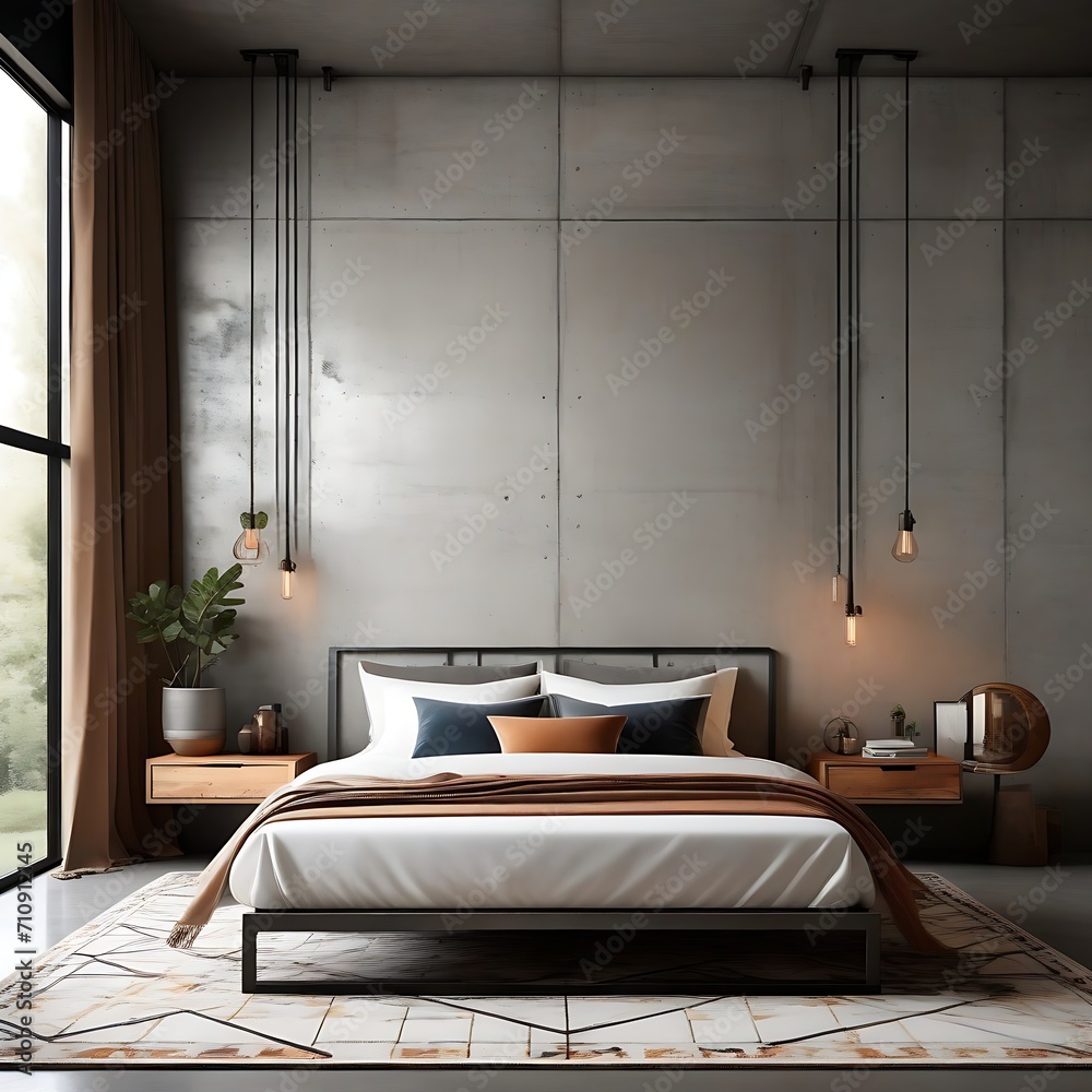 Modern industrial-style bedroom interior with concrete walls and a metal bed frame. The space is accented by warm wood tones and a geometric rug Modern industrial-style bedroom interior with concrete walls and a metal bed frame. The space is accented by warm wood tones and a geometric rug
