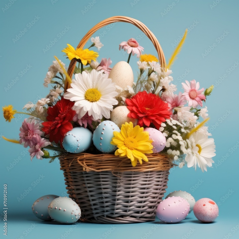 A colorful Easter basket overflowing with pastel eggs and spring flowers on a blue background