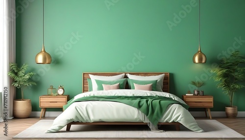 Modern Vintage interior of green bedroom with double bed, 3D rendering background