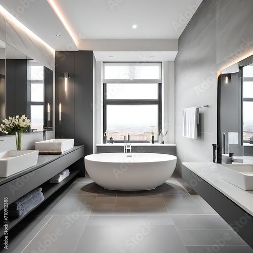 Spacious bathroom in gray tones with heated floors