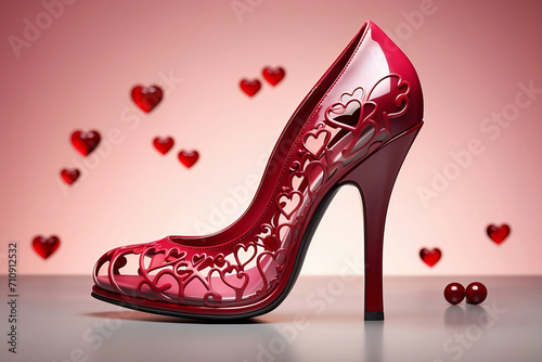 Women's red high heel shoe decorated with hearts. Valentines Day Fashion.