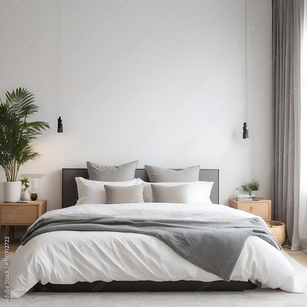 White cozy bed and pillows in modern bedroom White cozy bed and pillows in modern bedroom