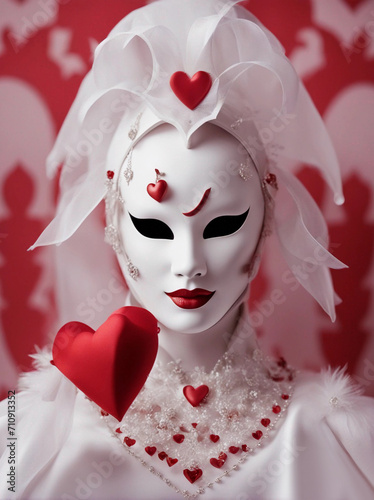 Woman in carnival white costume Valentine's day concept.