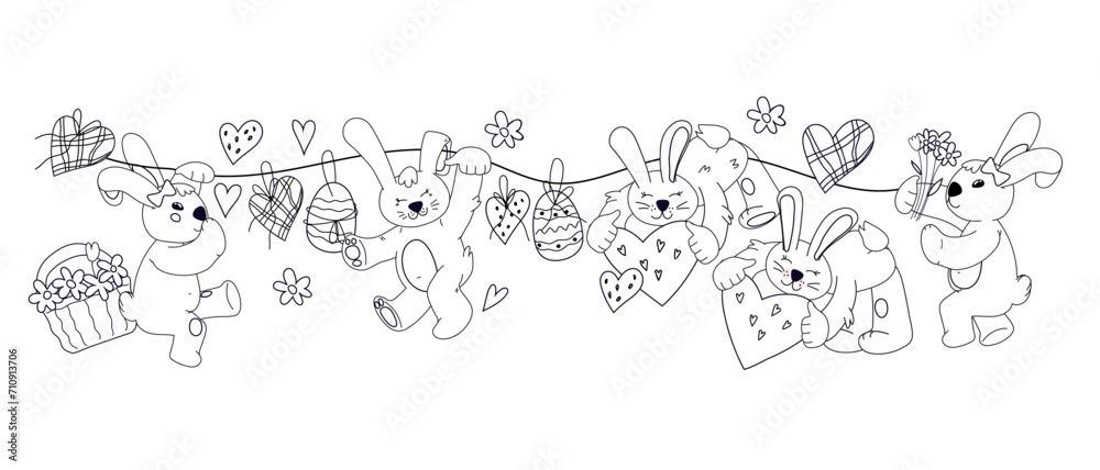 Kids coloring book page with Easter bunnies, outline vector illustration isolated on white background. Line art image of Easter rabbits with eggs for greeting cards and kids entertaining. Kids coloring book page with Easter bunnies, outline vector illustration isolated on white background. Line art image of Easter rabbits with eggs for greeting cards and kids entertaining.