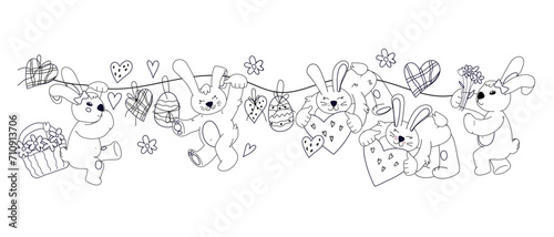 Kids coloring book page with Easter bunnies, outline vector illustration isolated on white background. Line art image of Easter rabbits with eggs for greeting cards and kids entertaining.