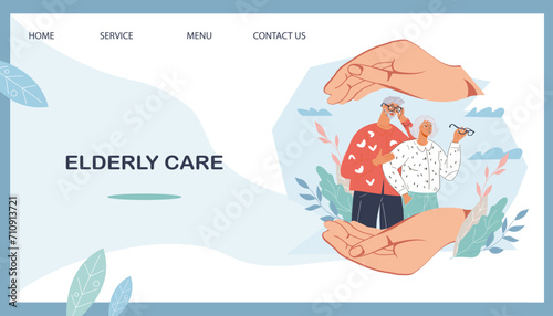Providing insurance coverage and health care options for the elderly, senior people well-being and a comfortable retirement web banner, vector illustration. Senior care and retirement planning.