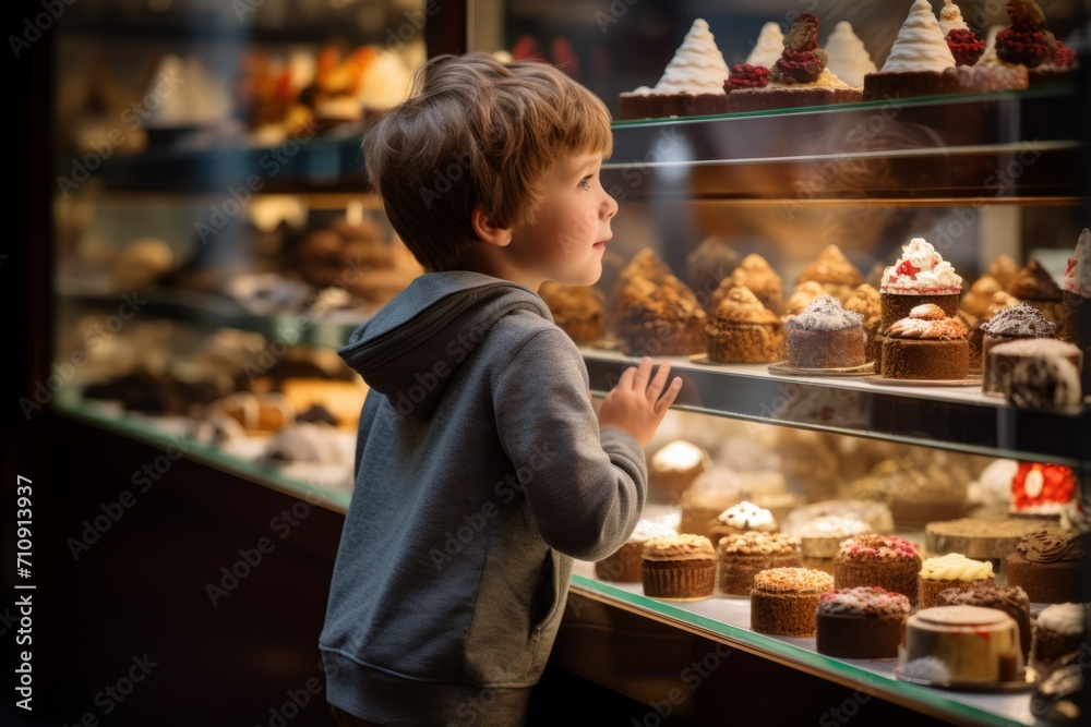 Side view of a child looking into the window of a pastry shop full of cakes.