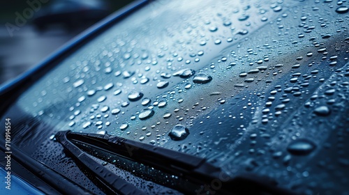 raindrops on the windshield of a car. The drops are in focus and stand out clearly against the glass background.