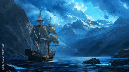 old sailing ship navigates turbulent blue seas near towering, snow-capped mountains under a dramatic sky with scattered birds flying in the distance