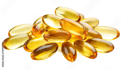 Omega 3 fish oil capsules isolated on transparent background.