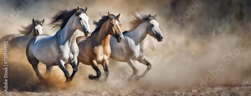 Herd of Horses Galloping Through Dusty Trail. A dynamic scene with several horses in mid-gallop, dust rising beneath them, speed, power and freedom concept. Panorama with copy space. photo
