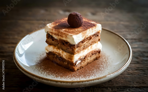 Capture the essence of Tiramisu in a mouthwatering food photography shot