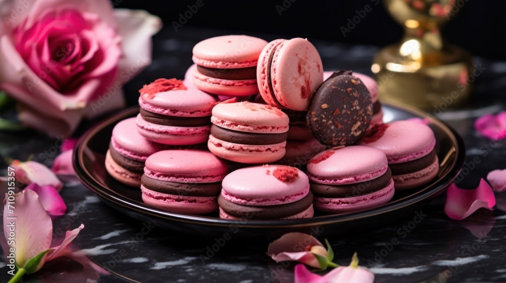 A plate of pink macarons and a rose on a table A plate of pink macarons and a rose on a table