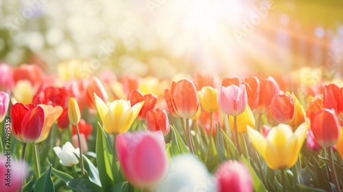 A field of colorful tulips in the sun © Maria Starus